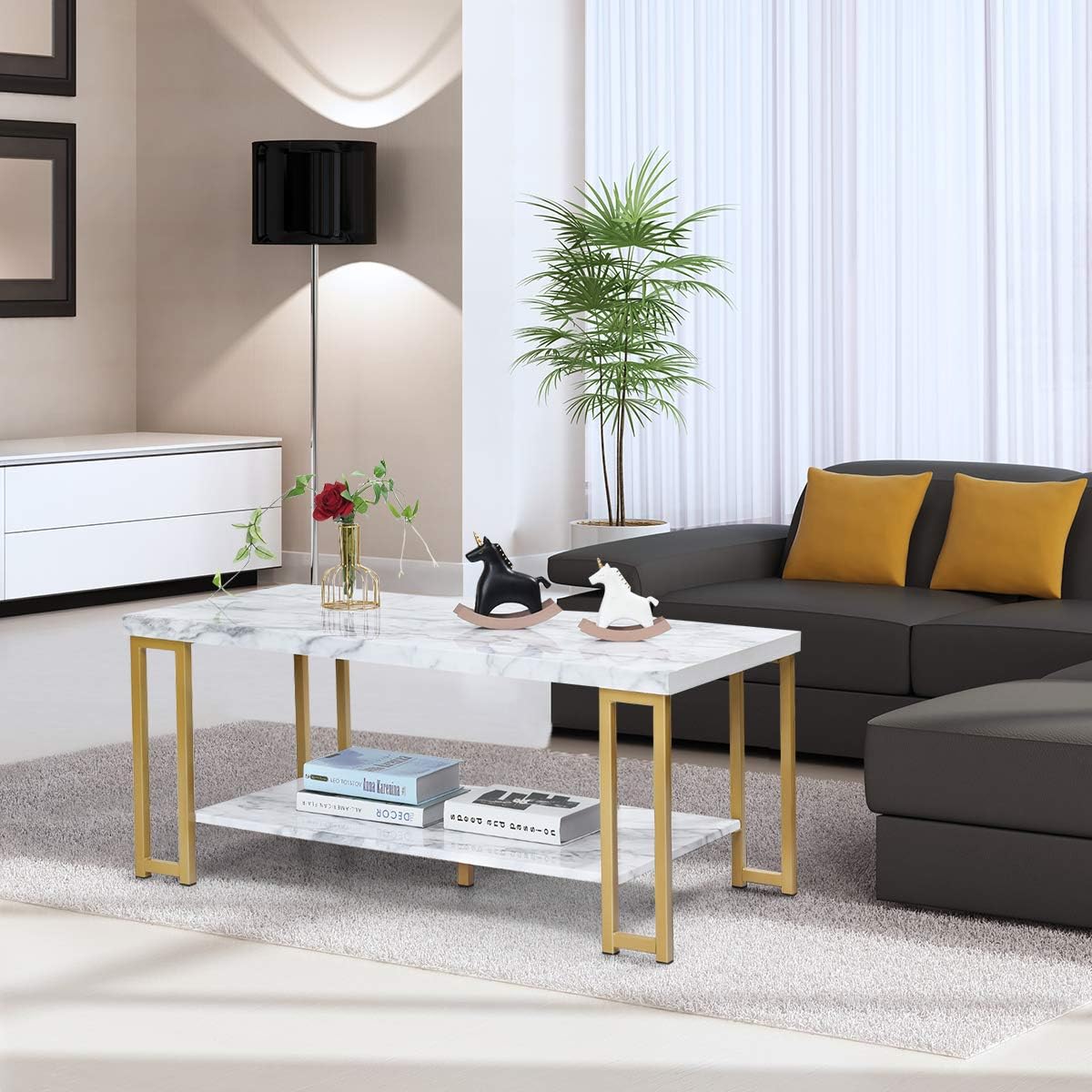 2-Tier White Marble Coffee Table, Rectangular Faux Marble Coffee Table with Storage Shelf, Sturdy Gold-