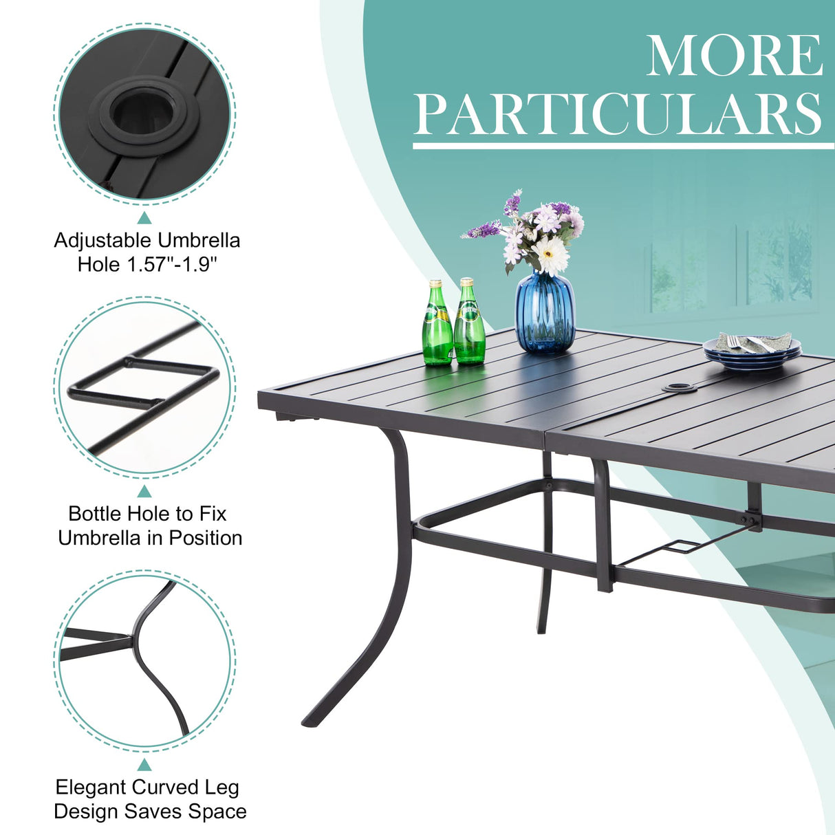 Outdoor Metal Steel Slat Dining Rectangle Table with Adjustable Umbrella Hole