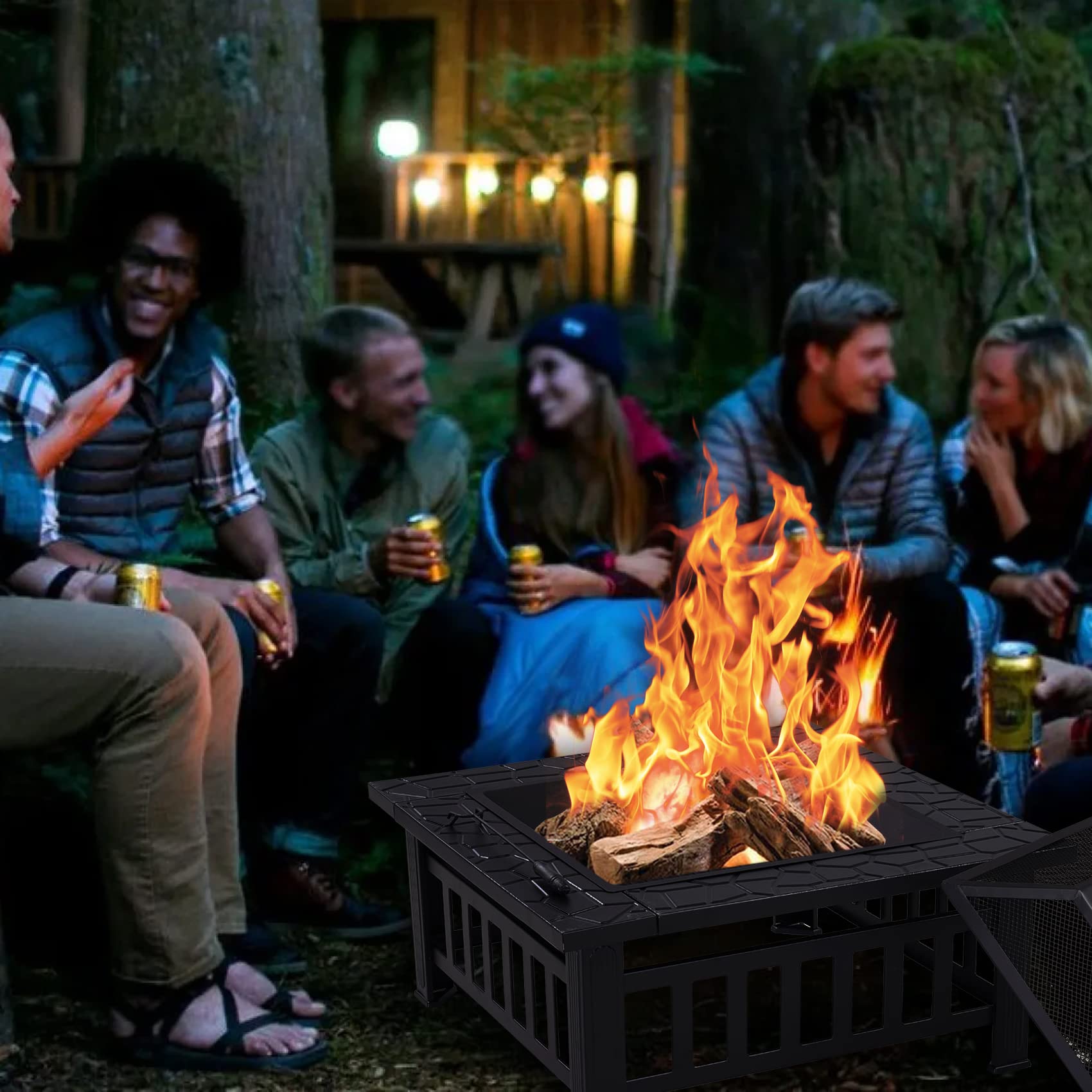 Redeo Outdoor Fire Pit Wood Burning Square FirePit for Outside Backyard Heating BBQ Drink Lawn Decoration (32 Inch)
