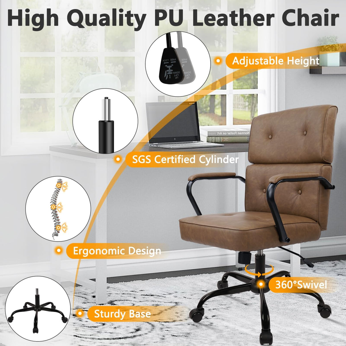 Heavy Duty Leather Office Chair - Mid Century Modern Desk Chair with Lumbar Support, 450LBS