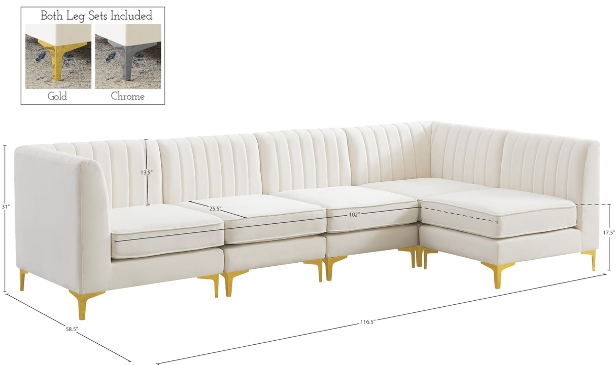 Furniture 604Cream-Sec5B Alina Collection Modern | Contemporary Velvet Upholstered Modular Sectional with Deep Channel Tufting, 116.5" W x 58.5" D x 31" H, Cream