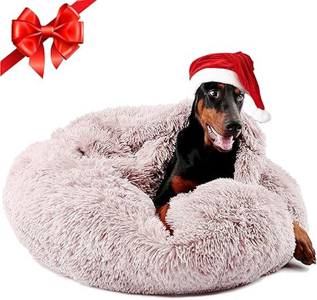 Dog Beds for Small Dogs, Donut Dog Bed with Blanket Attached, Calming Dog