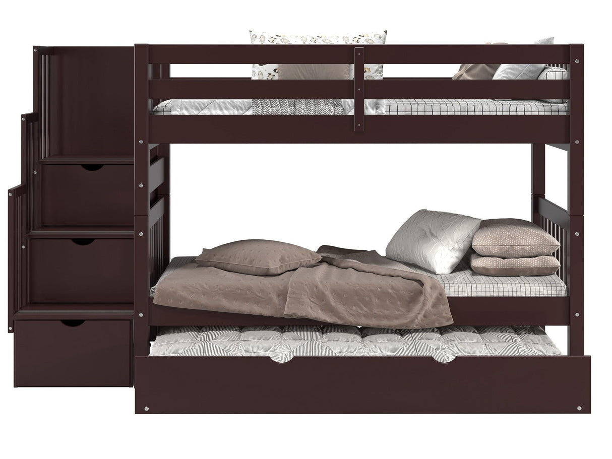 Bunk Beds Twin over Twin with 3 Drawers in the Steps and a Twin Trundle, Dark Cherry