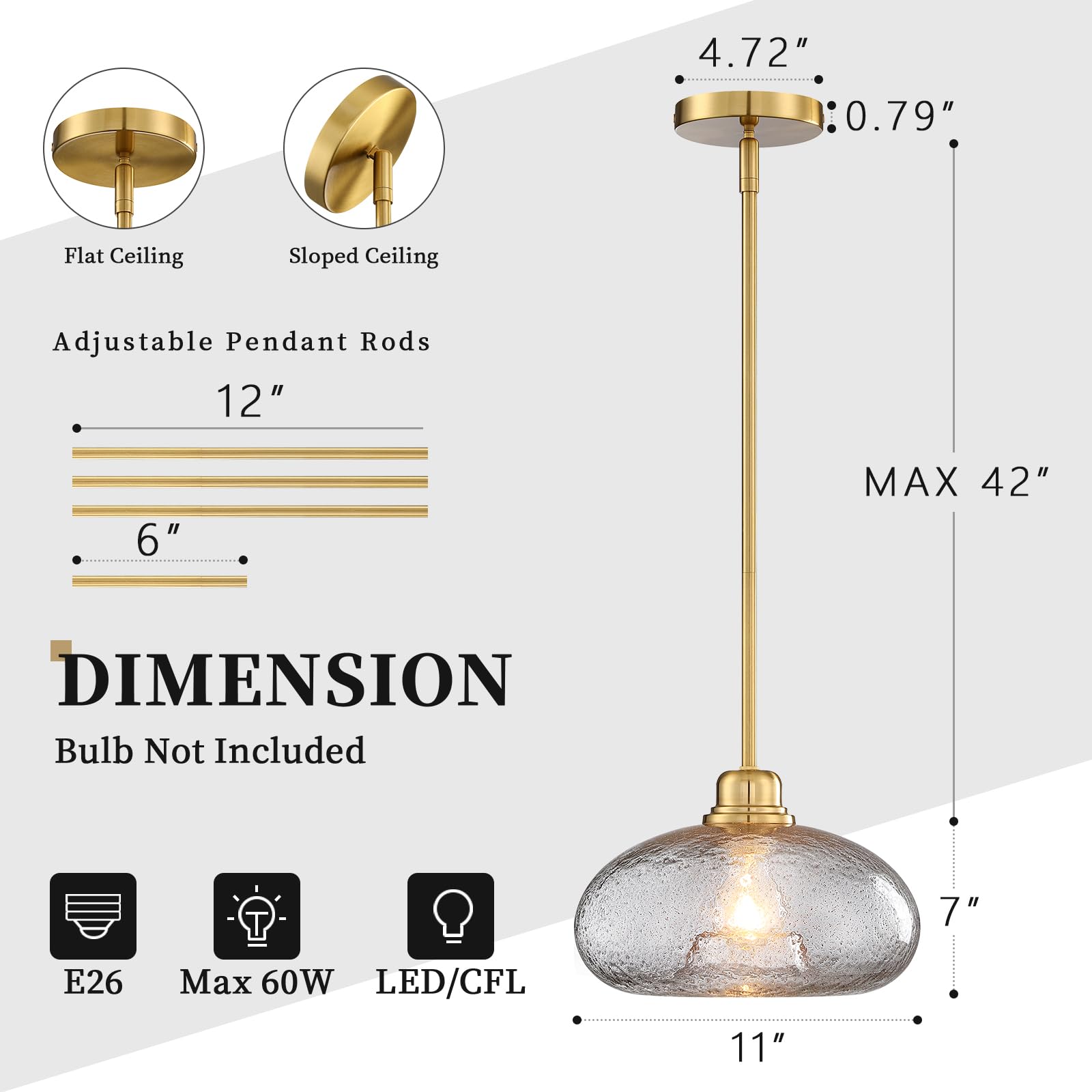 11" Large Pendant Lights - 2 Pack Modern Gold & Grey Glass Chandelier