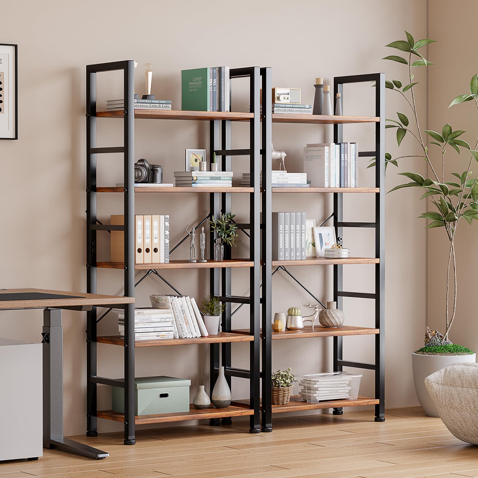 5-Tier Book Shelf Tall Modern Bookcase Set of 2 for Books, CDs, Movies, Storage and