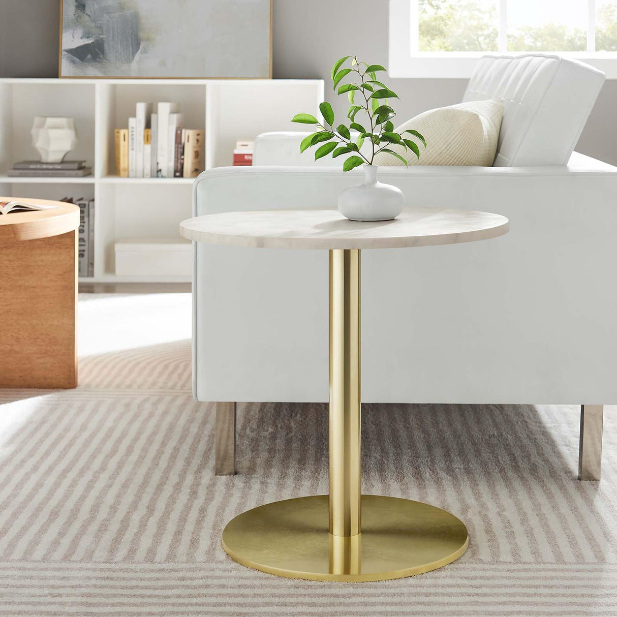 EEI-6609-BRA-WHI Viva Round White Marble Side Table, Brass White