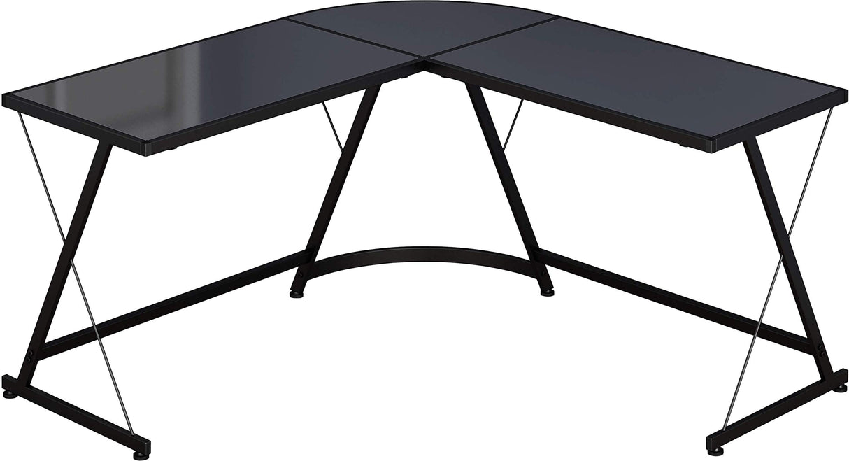 Gaming Desk Computer L-Shape Corner Studio Table, Black, Glass Top