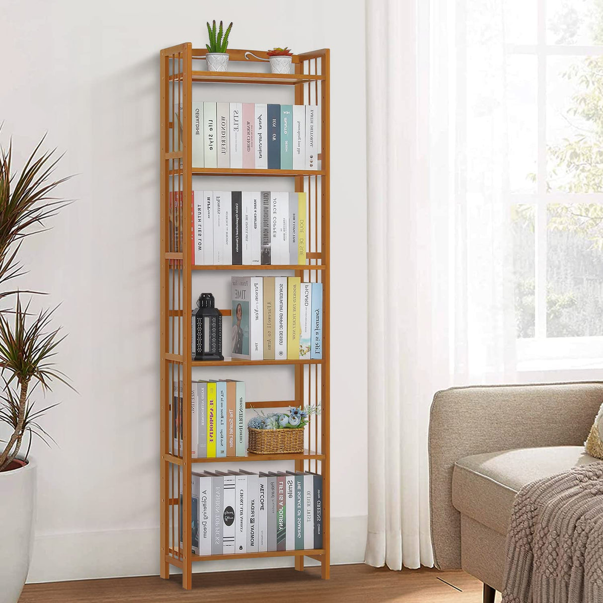 Tall 6 Tier Bookshelf, Bamboo Multifunction Free-Standing Narrow Storage Bookcase Display Shelf in Living Romm Home Office, Natural