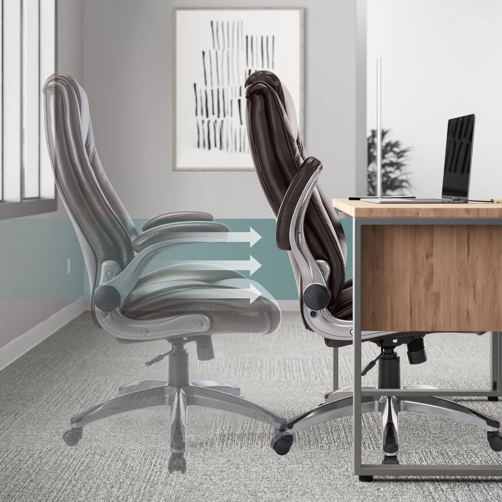 Leather Executive Office Chair - High Back Ergonomic Desk Chair with Flip-Up Arms