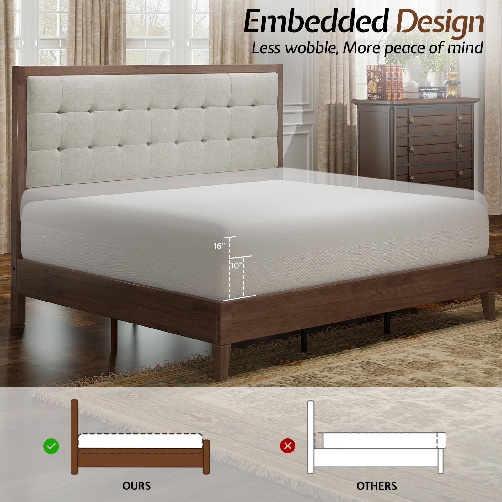 King Size Wood Bed Frame with Tall Tufted Headboard - Walnut