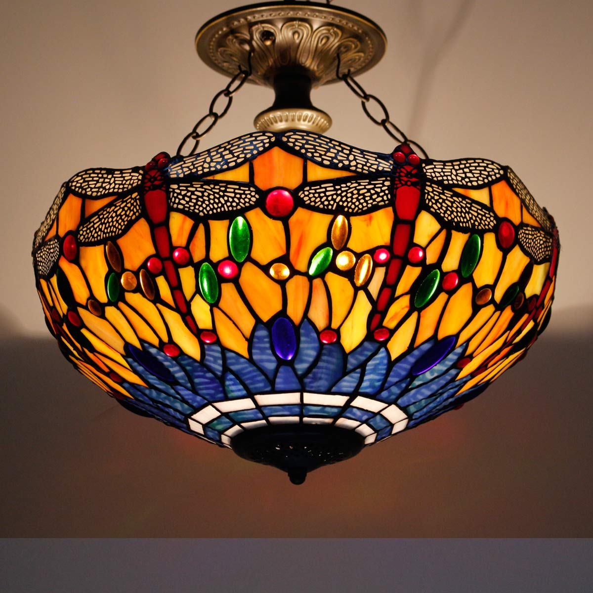 Tiffany Dragonfly Ceiling Light - 16 Inch Stained Glass Semi Flush Mount