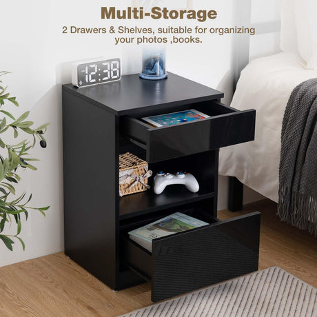 Wood Nightstand, Black Night Stand with 2 Drawers, Bedside Table with Storage Shelf