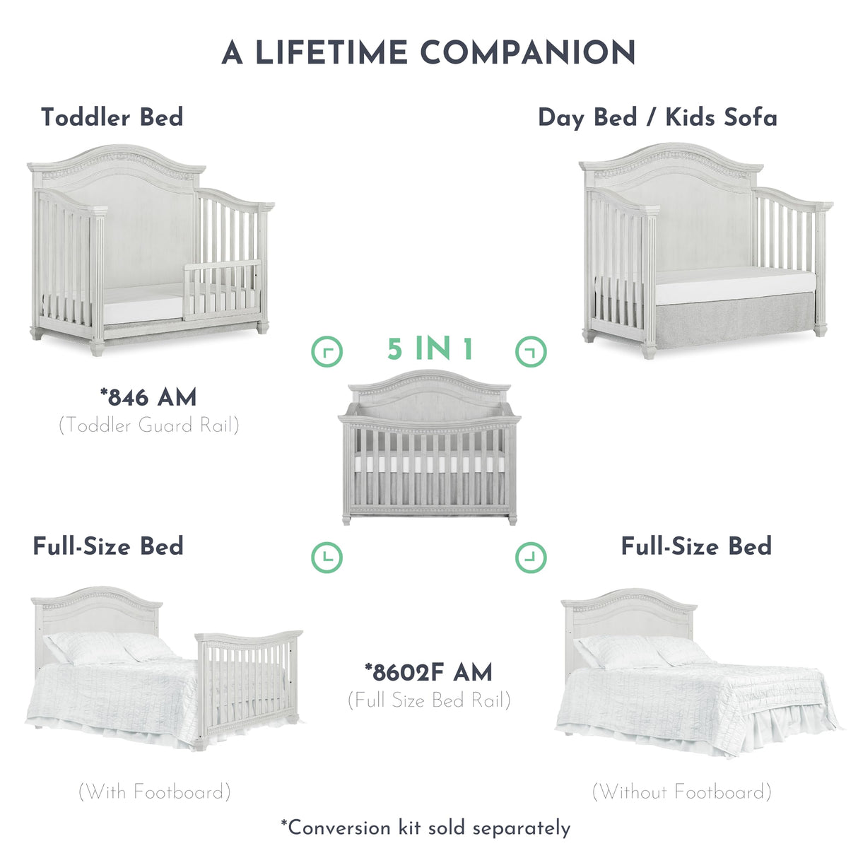 5-In-1 Curved Top Convertible Crib In Antique Grey Mist, Features 3 Mattress Height