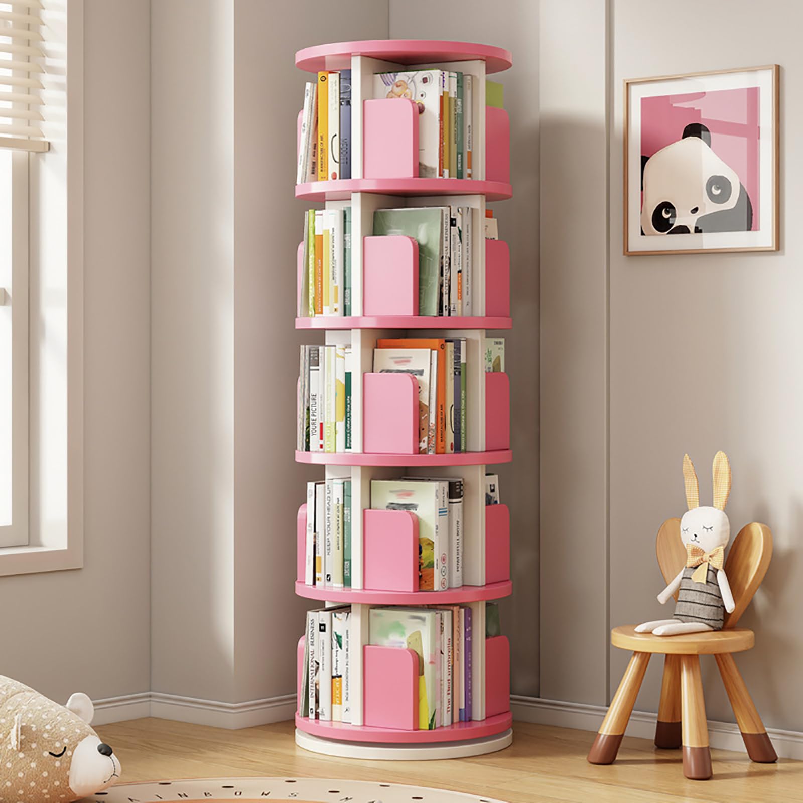 5 Tier Rotating Bookshelf, 360 Display Corner Bookshelf for Small Space