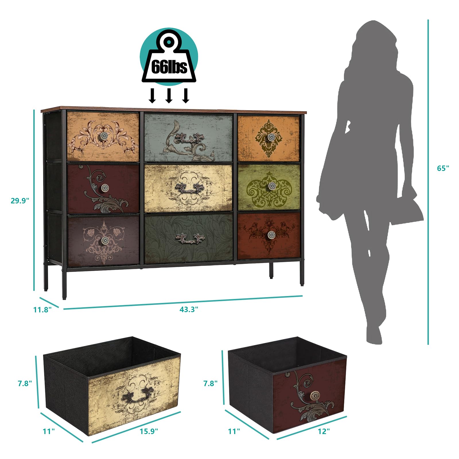 Dresser for Bedroom with 9 Deep Fabric Drawers, Wide TV Stand Storage Cabinet,