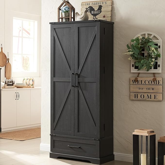 " Farmhouse Kitchen Pantry Cabinet with Drawer, Tall Storage Cabinet with 2 Barn Doors