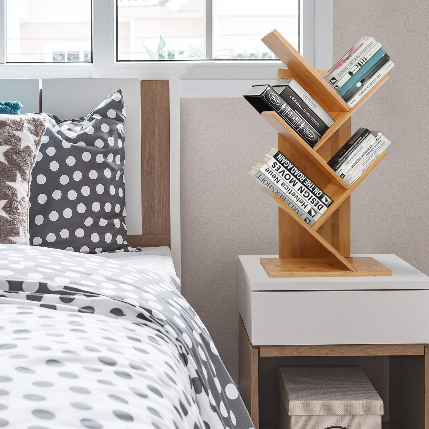 Sorfity Bamboo furniture, Bamboo Book Shelf 4-Tier, Tree Bookcase Free Standing Book Shelves, Modern Corner Bookshelf Organizer for CDs/Albums/Books/Files Holder, for Living Room, Bedroom, Home Office