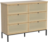 Natural Rattan 6 Drawer Double Dresser for Bedroom, Industrial Wood Clothing Organizer