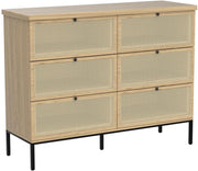 Natural Rattan 6 Drawer Double Dresser for Bedroom, Industrial Wood Clothing Organizer