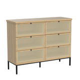 Natural Rattan 6 Drawer Double Dresser for Bedroom, Industrial Wood Clothing Organizer