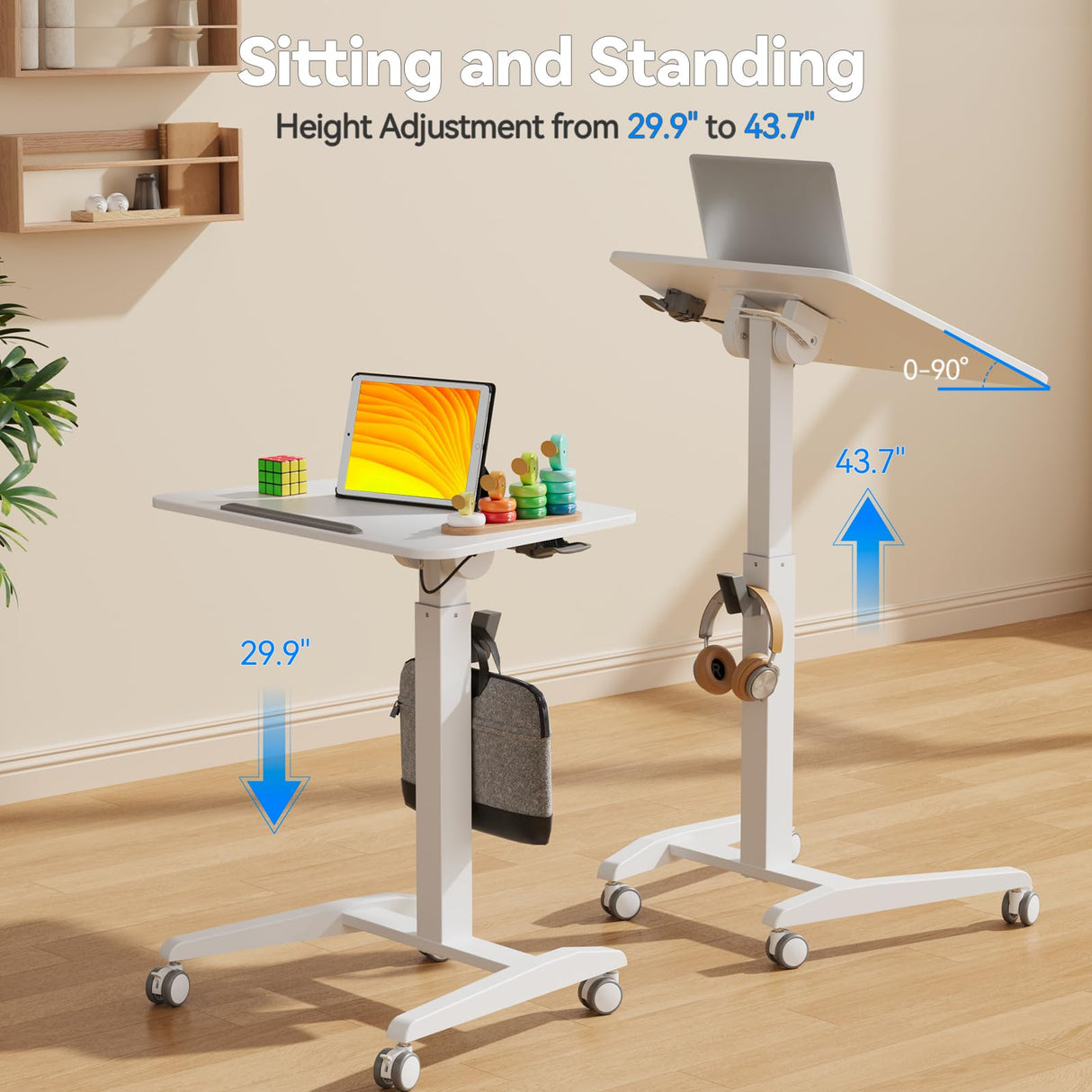 JYLH JOYSEEKER Mobile Standing Desk with 90° Tiltable Desktop, Portable Rolling Standing Desk, Height Adjustable Sit Stand Foldable Desk with Wheels, Mobile Desk Workstation for Home Office, White