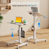 JYLH JOYSEEKER Mobile Standing Desk with 90° Tiltable Desktop, Portable Rolling Standing Desk, Height Adjustable Sit Stand Foldable Desk with Wheels, Mobile Desk Workstation for Home Office, White