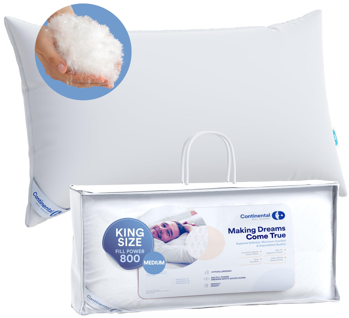 100% Luxury Down Pillow - Siberian 800 FP Medium Support King Size - Pack