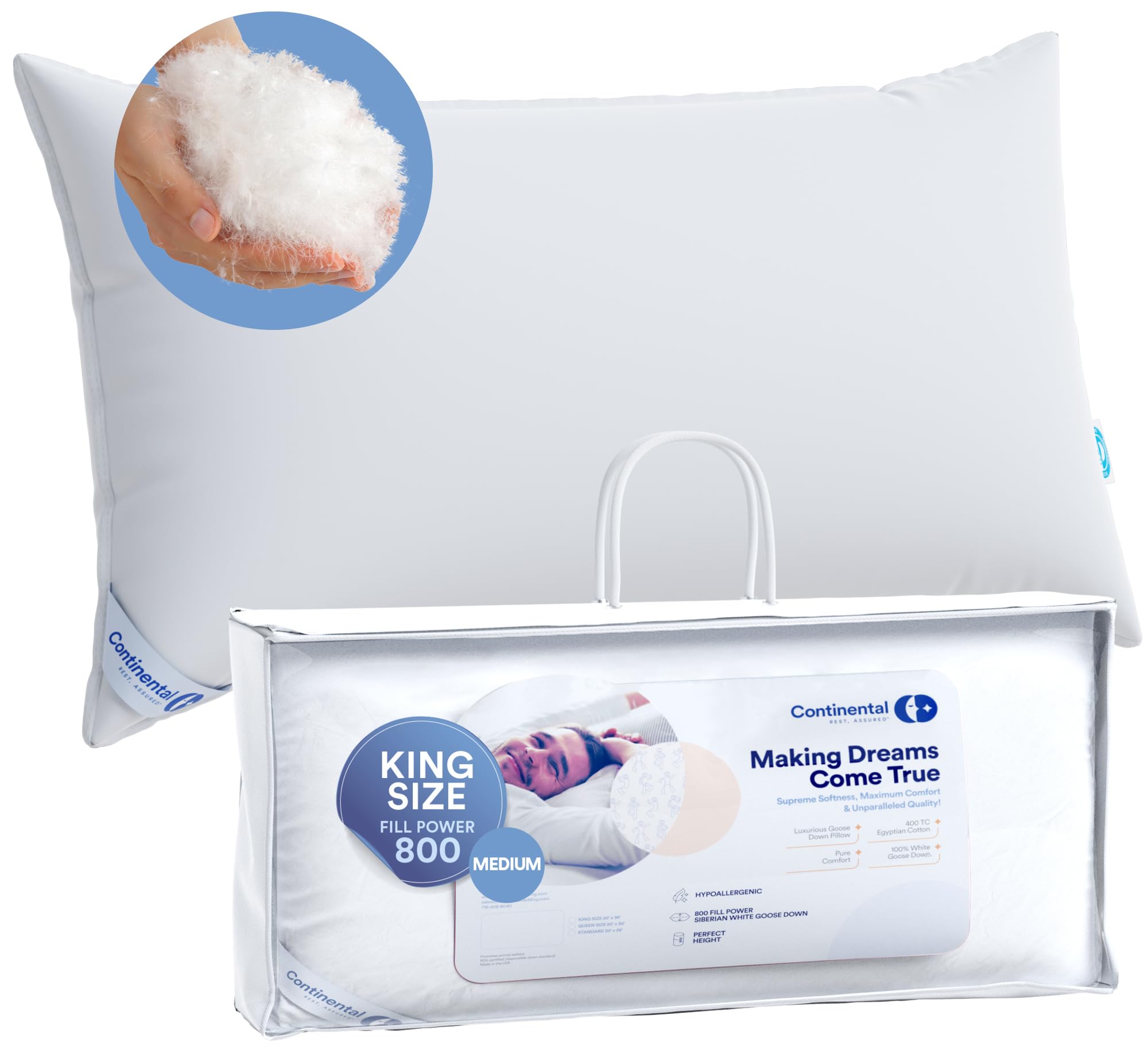 100% Luxury Down Pillow - Siberian 800 FP Medium Support King Size