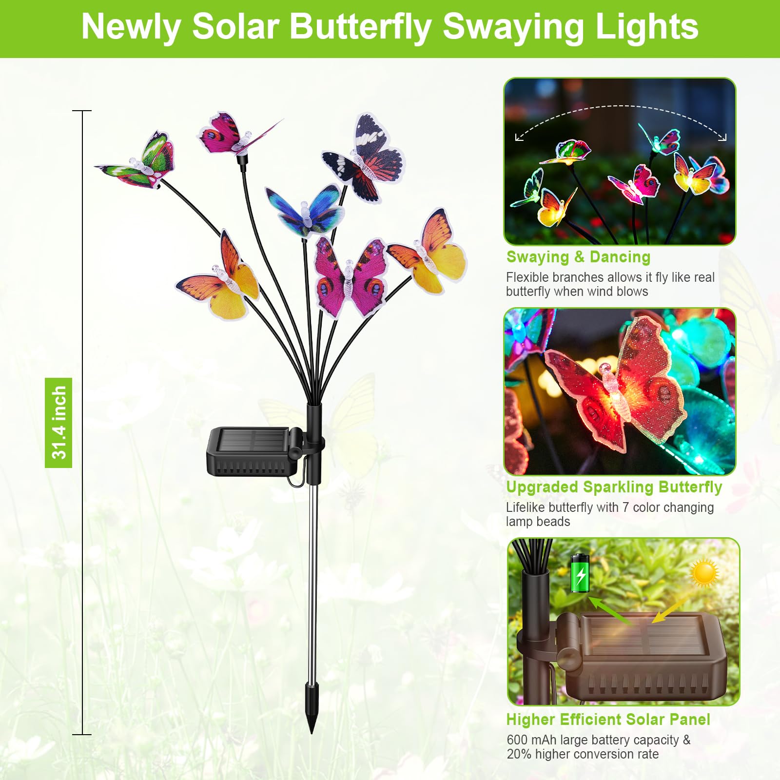 Solar Garden Lights, 3 Pack Lifelike Swaying Butterfly Solar Lights for Outside