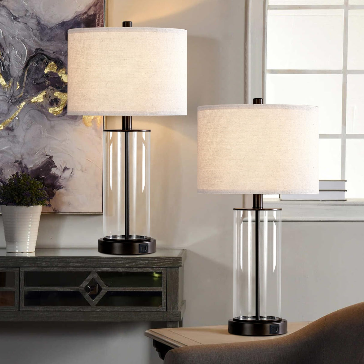 23.5'' Glass Table Lamp Set of 2 for Living Room with USB Ports and AC Outlets