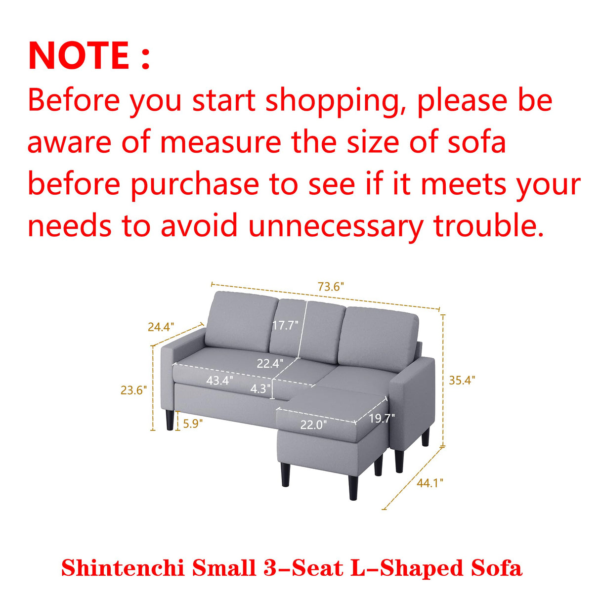 74" Convertible Sectional Sofa Couch, Small 3-Seat L-Shaped Sofa