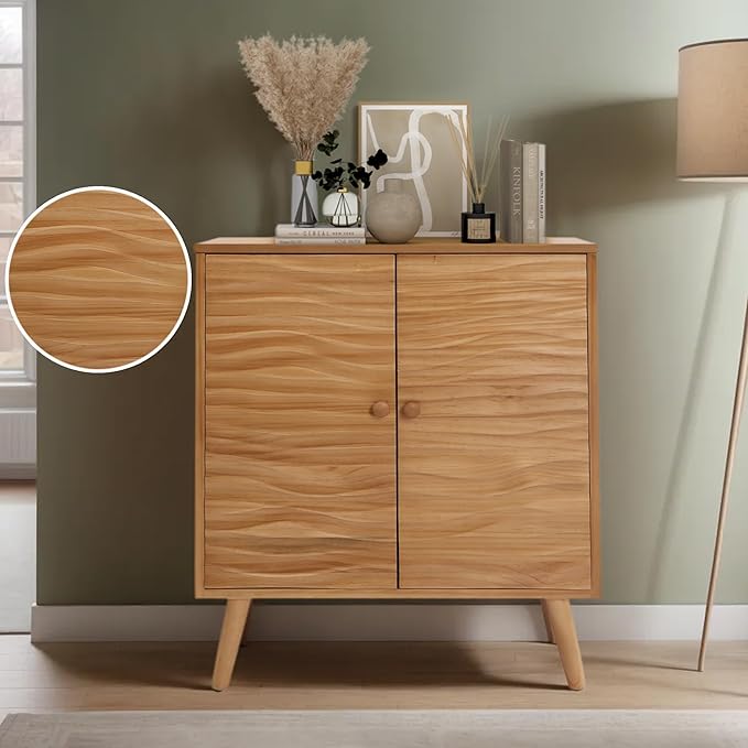 Geometric Wood Storage Cabinet with 2 Carved Doors – Natural Sideboard Console
