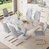 Modern 7-Piece Dining Set - 63" Faux Marble Table with 6 Upholstered Chairs