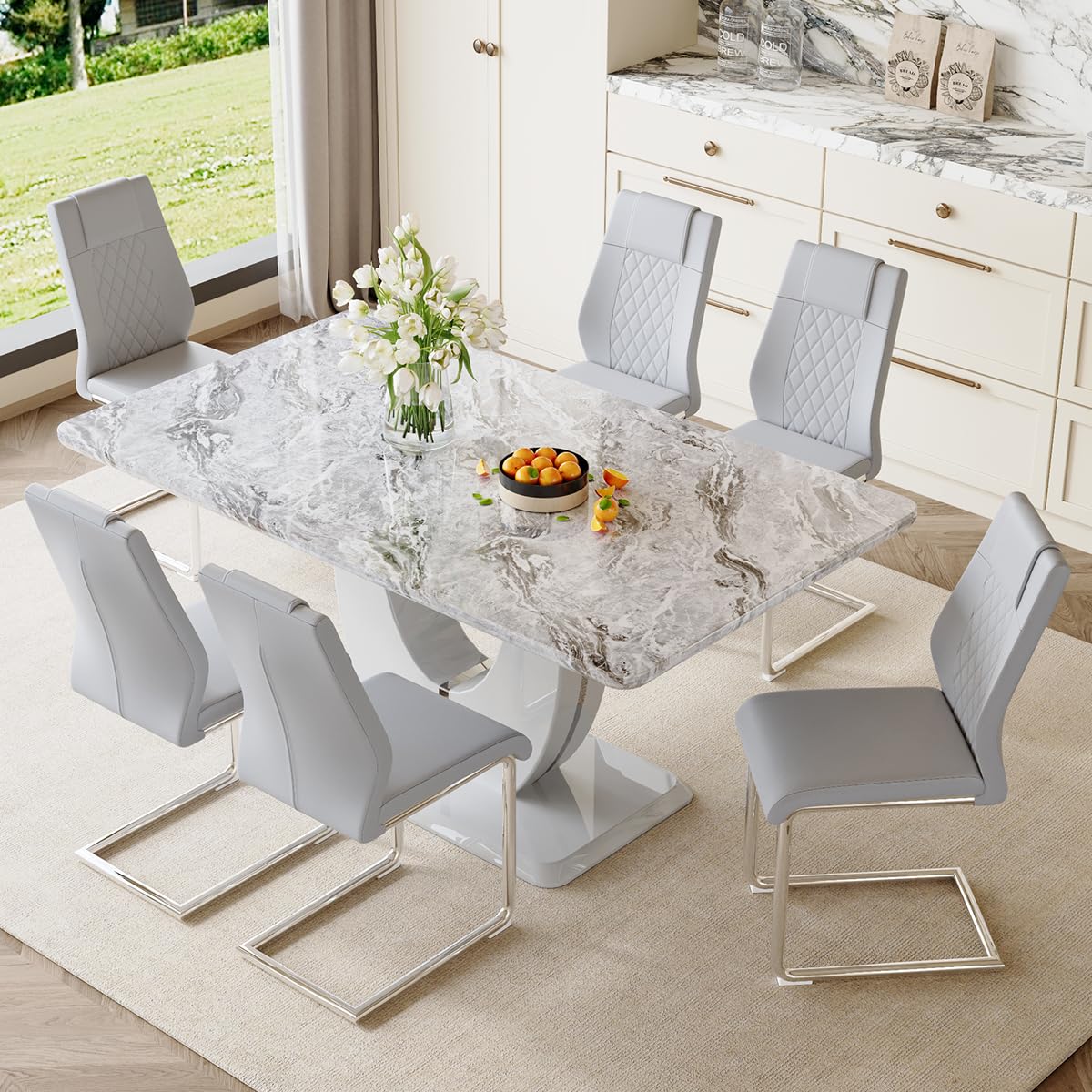 Modern 7-Piece Dining Set - 63" Faux Marble Table with 6 Upholstered Chairs