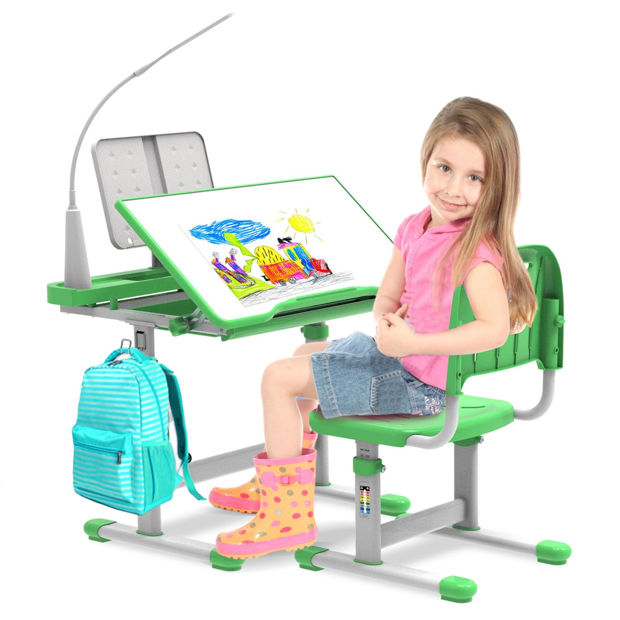 Kids Desk and Chair Set 5-8 Year Old, Kids School Desk for Kids Height-Adjustable Child Desk with 40-Degree Tilted Desktop