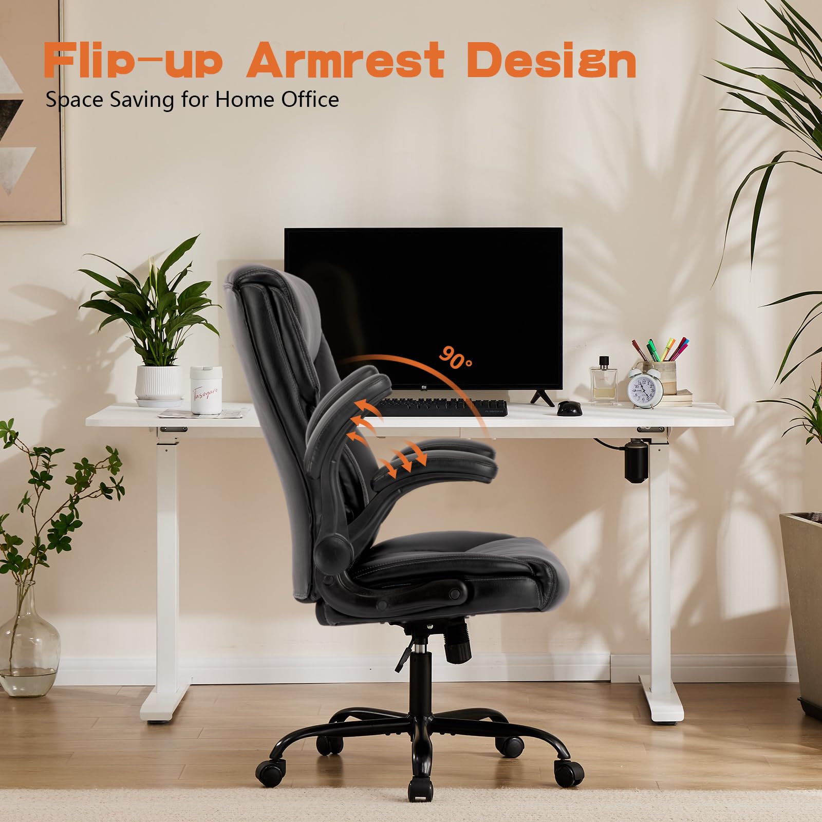 Ergonomic Executive Office Chair- PU Leather Desk Chair with Flip Up Armrests High