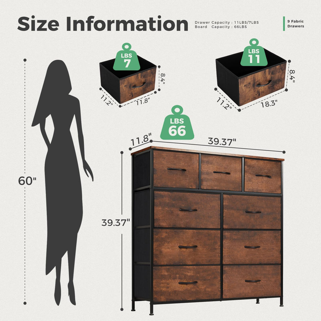 Dresser for Bedroom with 9 Fabric Drawers, Tall Chest Organizer Units for Clothing