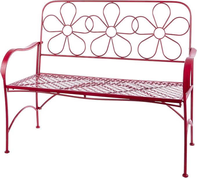45" L Indoor/Outdoor 2-Person Metal Garden Bench with Daisy Backrest, Red