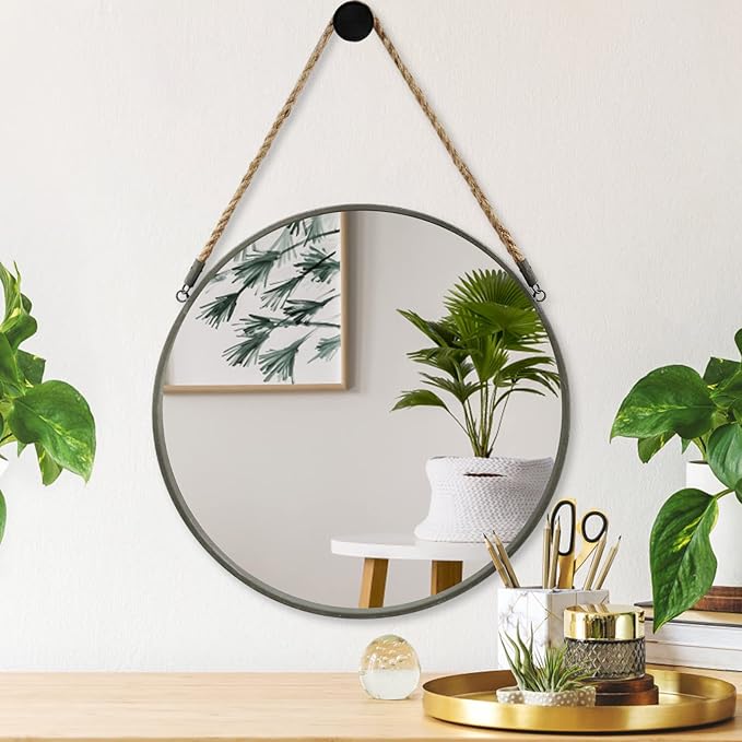 Round Hanging Mirror, Circle Wall Mirror with Rope, Farmhouse Mirror