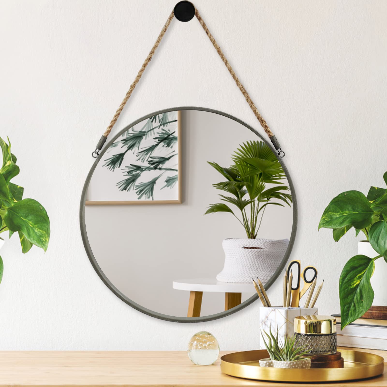 Round Hanging Mirror, Circle Wall Mirror with Rope, Farmhouse Mirror
