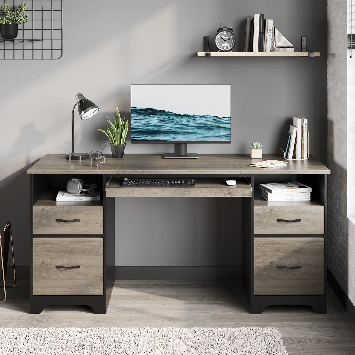 Bestier 59” Computer Desk with 4 Drawers, Office Desk with Storage, Industrial Executive Desk with File Drawer, Keyboard Tray & 2 Pedestals on Both Sides for Home Office & Studio, Grey