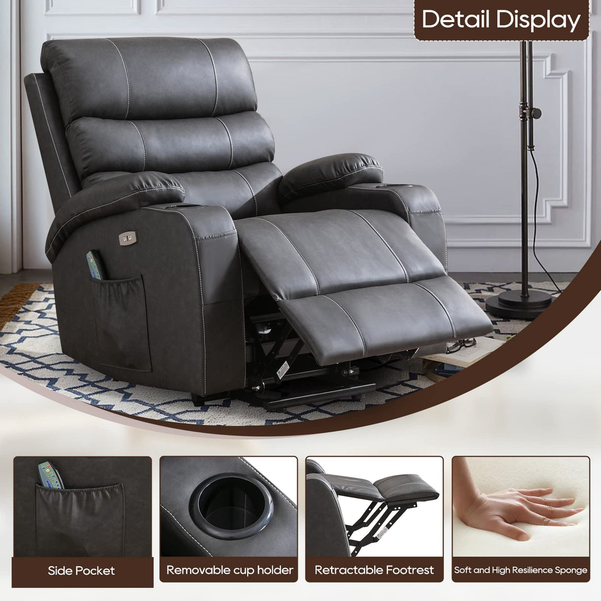 Lift Recliner Chair - Breath Leather Electric Recliner for Elderly - Heavy Duty Reclining