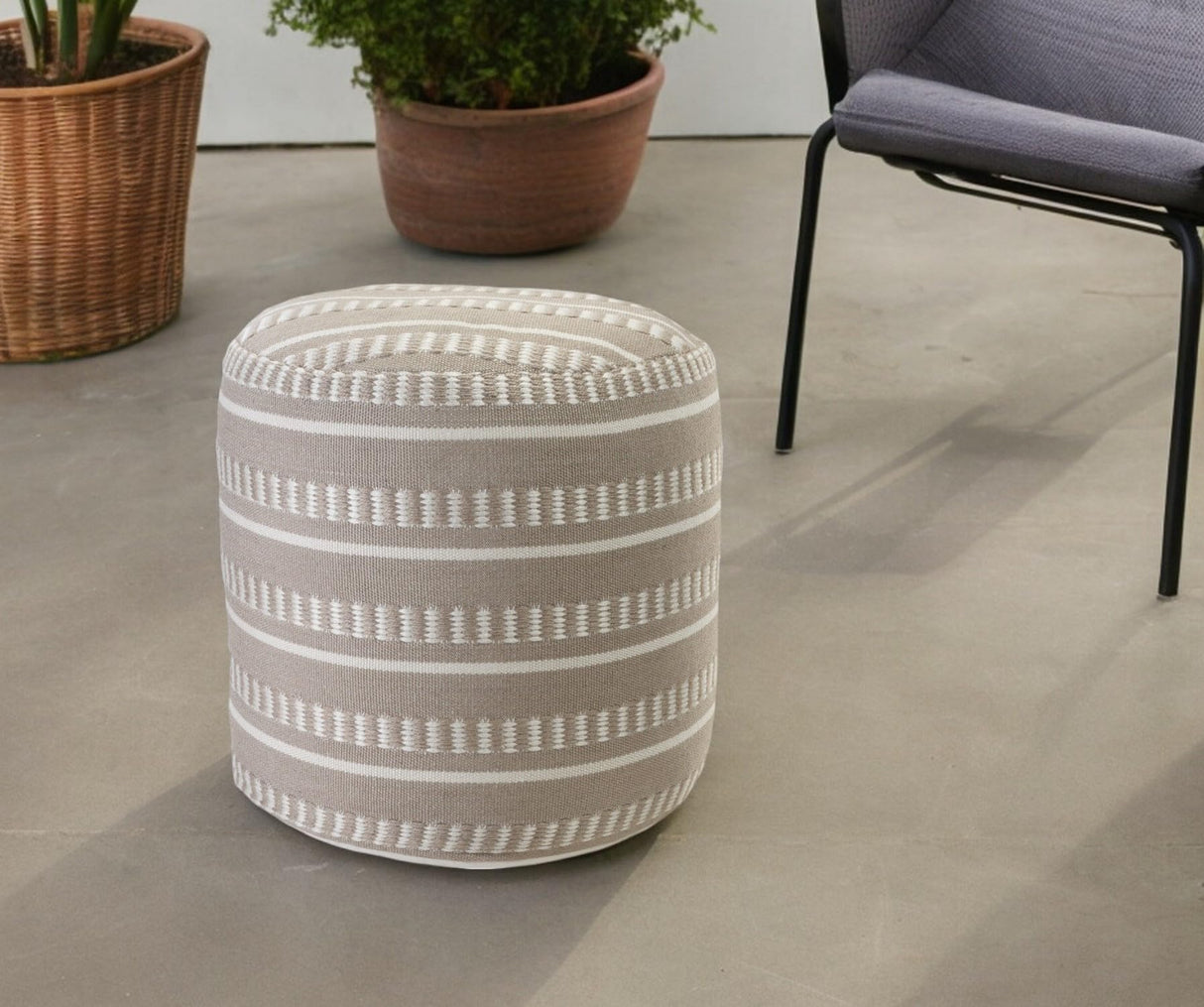 HomeRoots 20" Brown Polyester Round Striped Indoor Outdoor Pouf Ottoman