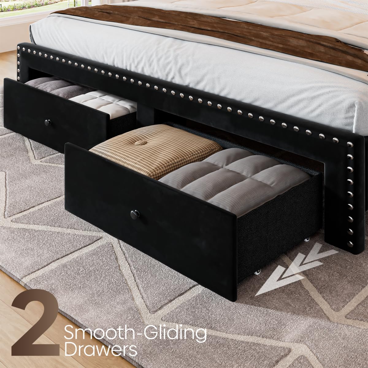 Queen Bed Frame with Storage Drawers and Charging Station