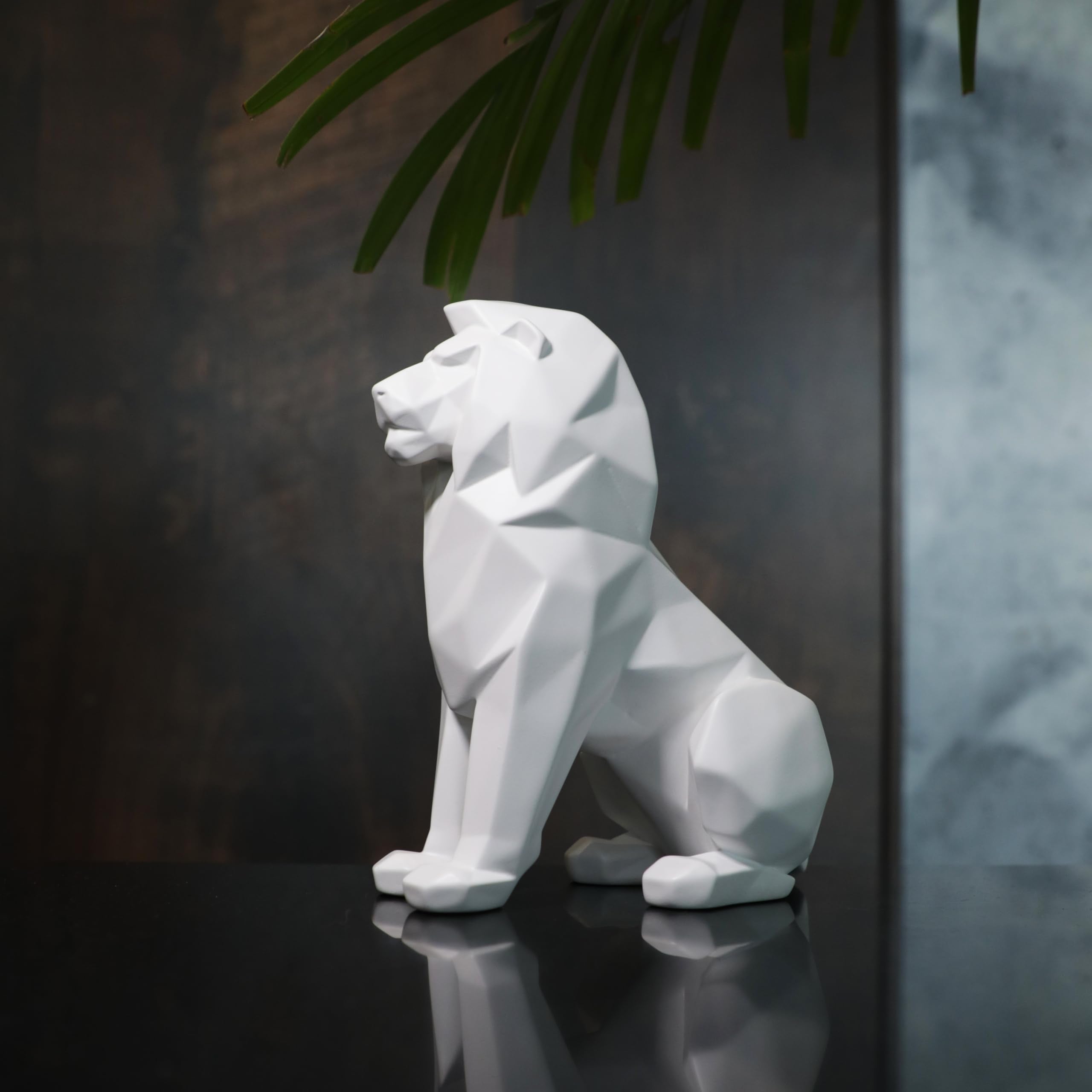 White Lion Sculpture - Abstract Geometric Animal Statue for Coffee Tables