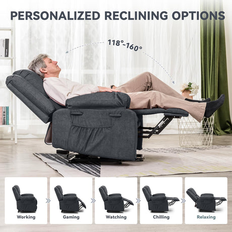 COMHOMA Power Up Lift Chairs Recliners for Elderly, Electric Recliner Chair with Massage and Heat,2 Side Pockets, and Cup Holders, USB Ports, Fabric (Grey)