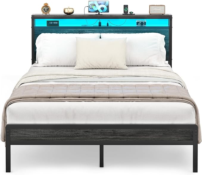 Queen Size Bed Frame with Charging Station and Led Lights, Industrial Metal Platform Bed with Storage Headboard, Steel Slat Support, No Box Spring Needed, Noise-Free, Easy Assembly, Black