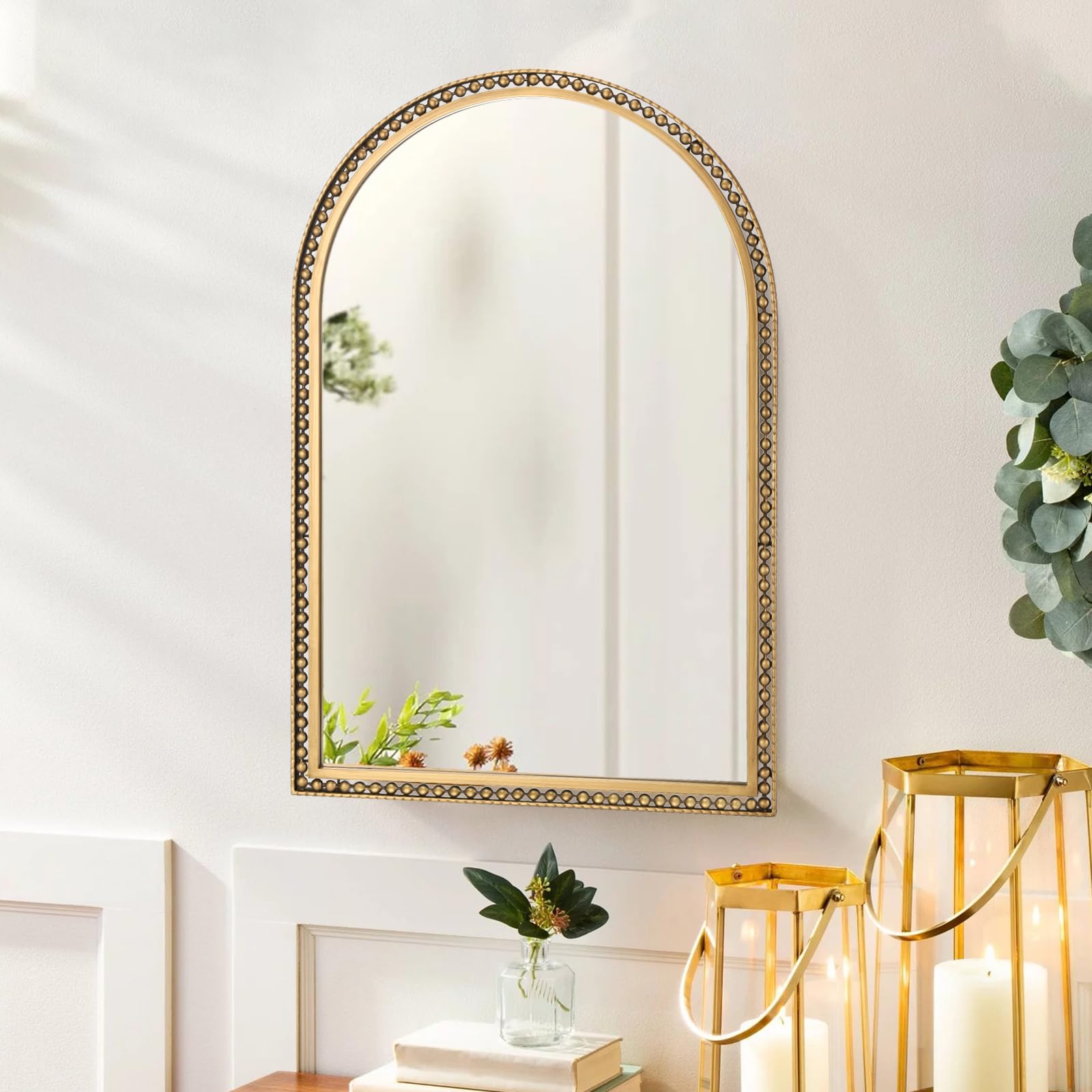 24" x 36" Arch Wall Mirror with Antique Gold Beaded Frame