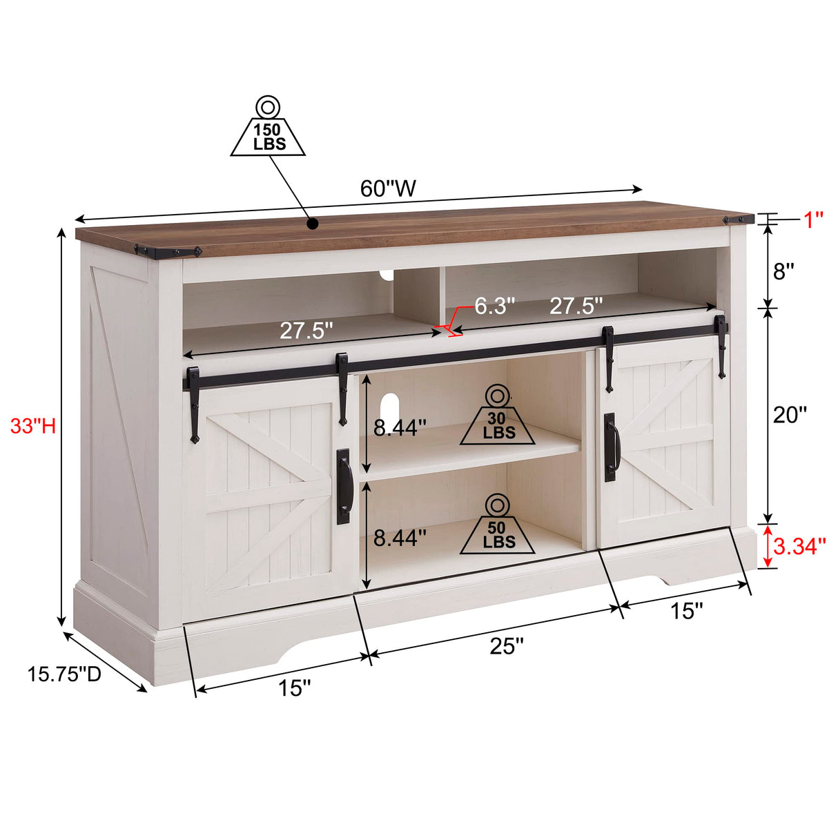 Farmhouse TV Stand for 65+ Inch TV, 33" Tall Highboy Entertainment Center