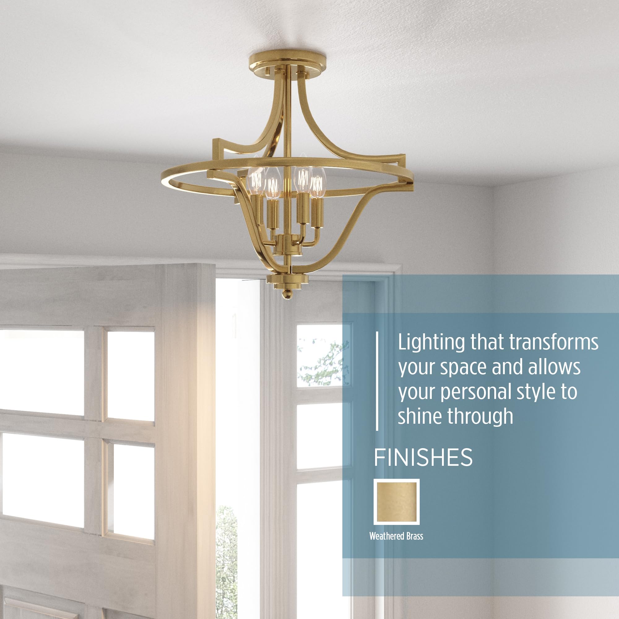 Harvel Semi-Flush Mount Ceiling Light - 16 Inch 4-Light Weathered Brass Chandelier